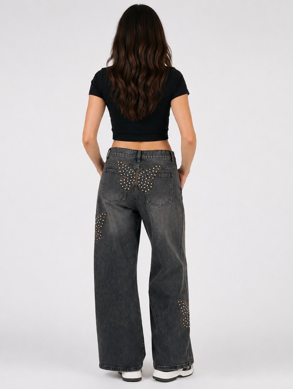 Black Wide-Leg Baggy Y2k Jeans with Studded Butterfly Accents Med Waist 30 Goth